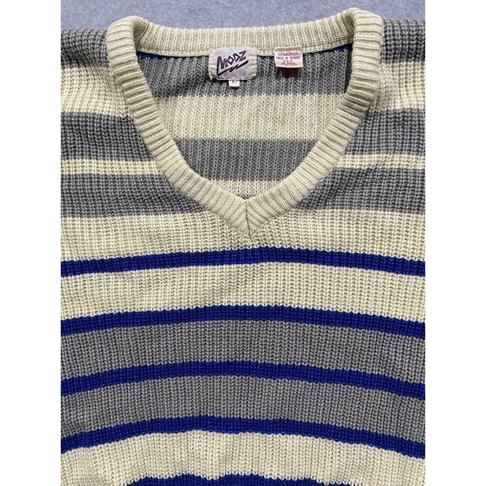MODZ V-Neck Sweater Cream, Gray and Royal Blue Stripe Size Large Women's Vintage - Picture 3 of 11